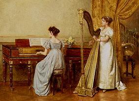 Two women in an interior playing instruments. a George Goodwin Kilburne