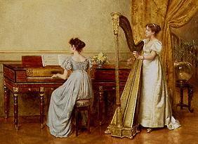 Two women in an interior playing instruments.