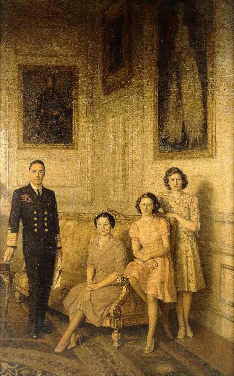 Die königliche Familie: King George VI, Queen Elizabeth und ihre beiden Töchter, Prinzessin Margaret a George Harcourt