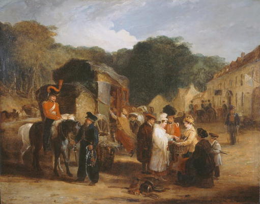 The Village of Waterloo, with travellers purchasing the relics that were found in the field of battl a George Jones