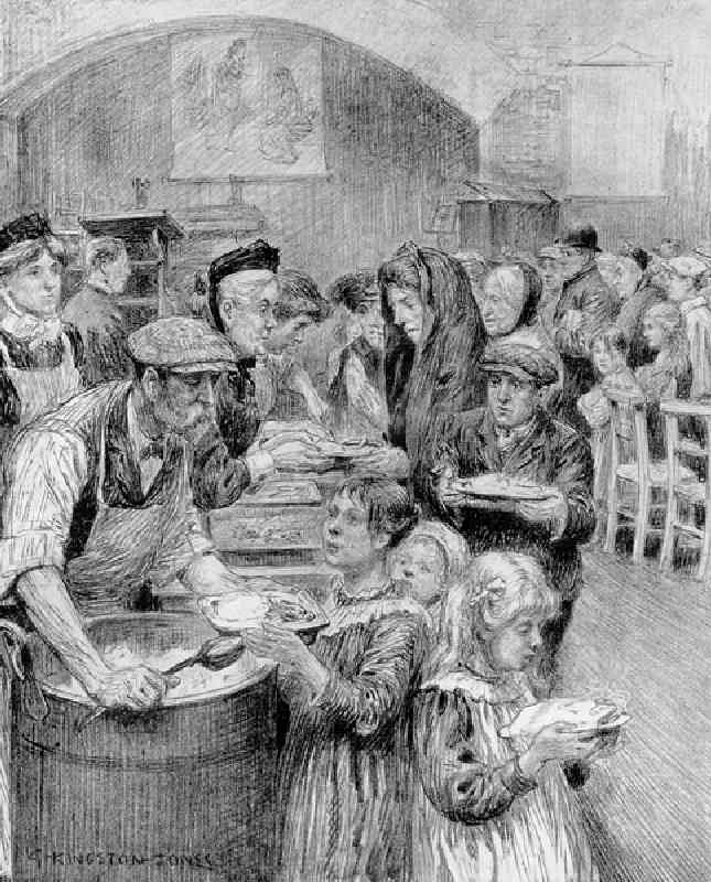 Free Meals for Londons Poorest Citizens: The Scene at a Daily Graphic Soup Kitchen, 1910 (pencil on  a George Kingston-Jones