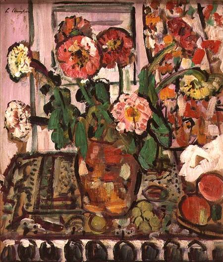 A Still Life of Fruit and Flowers (panel) a George Leslie Hunter