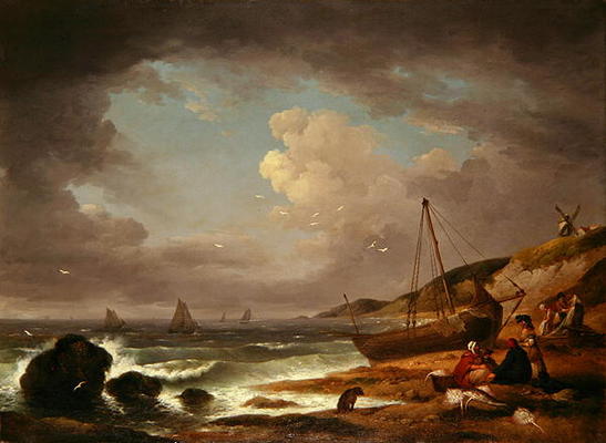 Coastal Scene with Men Mending a Boat (oil on canvas) a George Morland