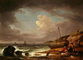 Coastal Scene with Men Mending a Boat (oil on canvas)
