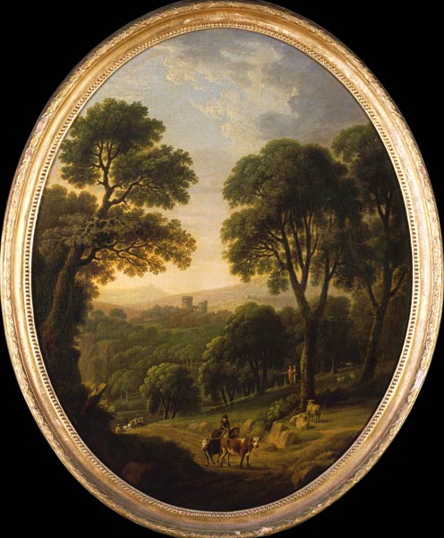 Wooded Landscape with Peasants and Cattle on a Path a George Mullins