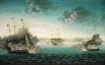 Capture of the US Frigate 'Essex' by B.M Frigate 'Phoebe' and sloop 'Cherub' in the bay of Valparais a George Ropes