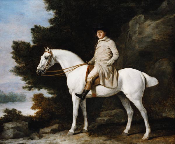 A Gentleman on a Grey Horse in a Rocky Wooded Landscape a George Stubbs