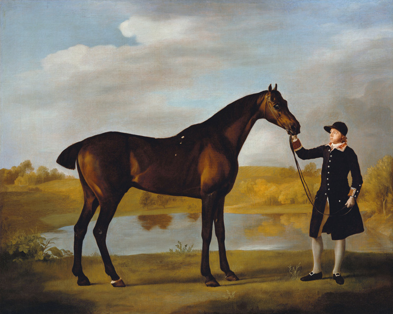 The Duke of Marlborough''s (?) Bay Hunter, with a Groom in Livery in a Lake Landscape a George Stubbs