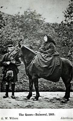 Queen Victoria (1819-1901) on horseback at Balmoral , 1863 (b/w photo)