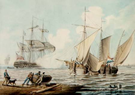 Dutch Pinks and a British Man-o'-War off a Coastline a George Webster