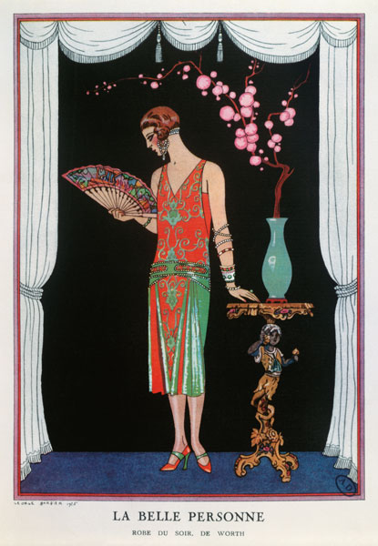 Worth evening dress, fashion plate from Gazette du Bon Ton, 1925 (litho) a Georges Barbier