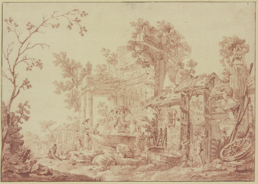 Unter römischen Ruinen ein Brunnen mit zwei Amoretten, an welchem Wäscherinnen beschäftigt sind a Georges-François Blondel