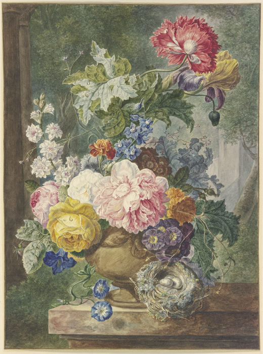 Blumenstrauß in einer Vase, dabei ein Vogelnest a Georgius Jacobus Johannes van Os