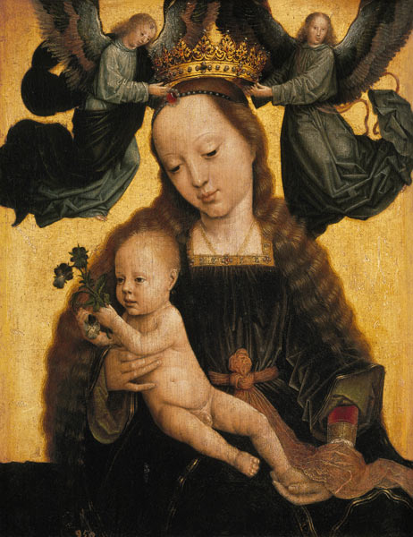 The virgin with the child is crowned by angels. a Gerard David