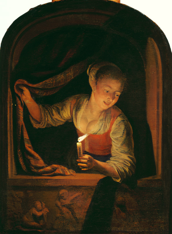 Woman with a lighted Candle at a Window a Gerard Dou