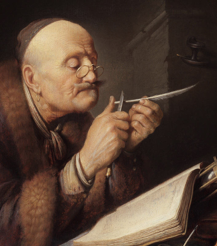 Scholar sharpening a quill pen a Gerard Dou