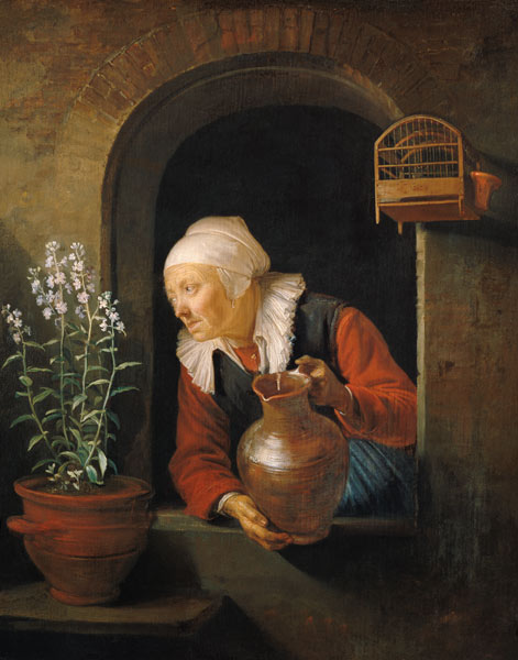 At the window, flowers pouring water on old woman. a Gerard Dou