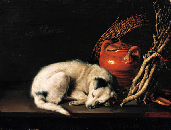 Ein schlafender Hund neben einem Terrakottakrug, einem Korb, einem Paar Clogs und Zündholz a Gerard Dou