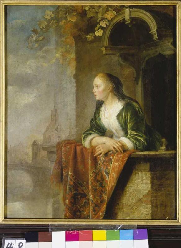 Young woman on a balcony a Gerard Dou
