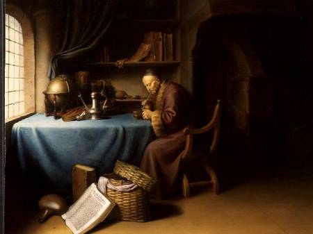 An Old Man Lighting his Pipe in a Study a Gerard Dou