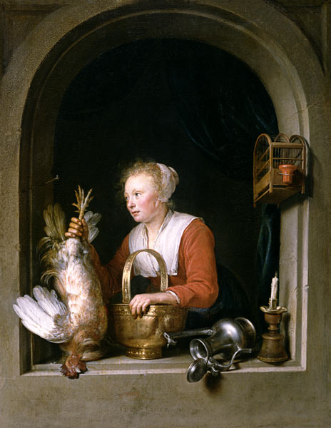 The Dutch Housewife or, The Woman Hanging a Cockerel in the Window a Gerard Dou