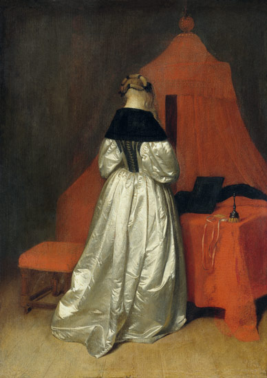 Eine Dame in weissem Atlas vor dem Bett mit roten Vorhaengen a Gerard ter Borch or Terborch