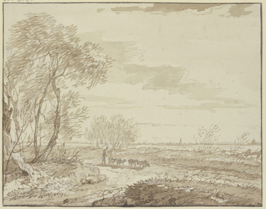 Landschaft mit Fernsicht, links Bäume, auf dem Weg eine Schafherde a Gerard van Nijmegen