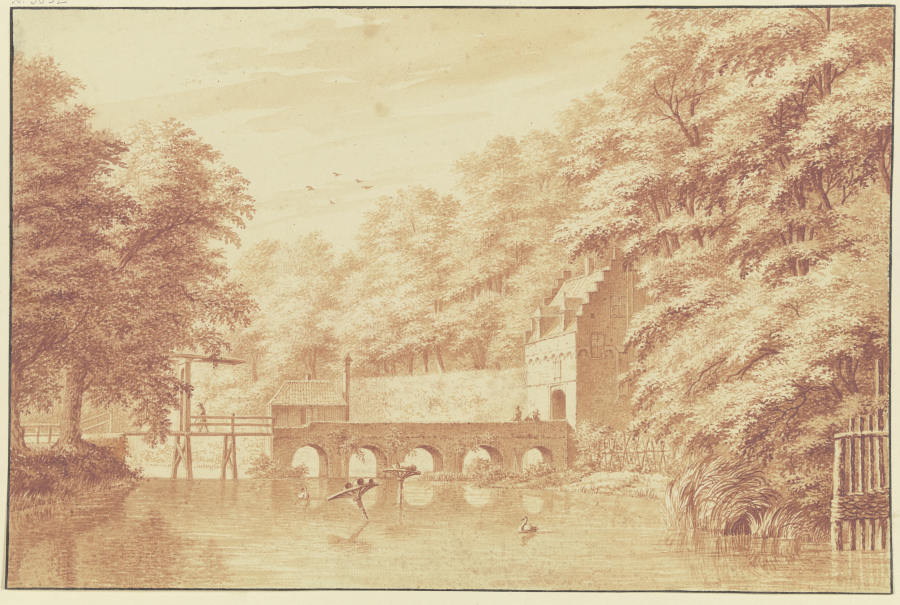 Über ein Wasser führt eine Steinbrücke von fünf Bögen nach einem Parktor, auf dem Wasser zwei Schwän a Gerard van Rossum