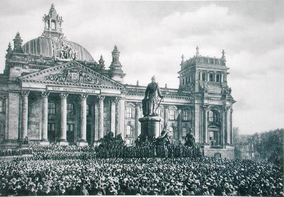 Philipp Scheidemann (1865-1939) gives an address from the Reichstag announcing the creation of a new a German Photographer, (20th century)