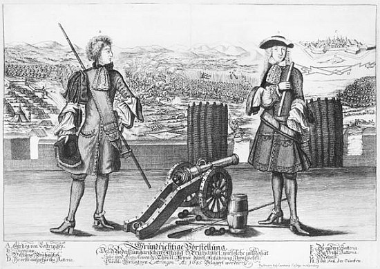 Charles V, Duke of Lorraine and Bar, with an engineer, at the battle of Neuhausel against the Turks  a Scuola Tedesca