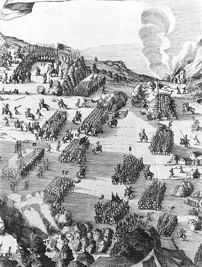 General view of the battle of Muhlberg, detail, 24th April 1547  (see also 217805) a Scuola Tedesca