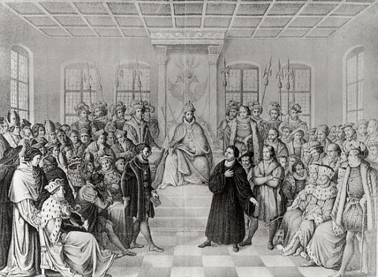 Martin Luther in front of Charles V (1500-58) at the Diet of Worms, 16th April 1521, from ''History  a Scuola Tedesca