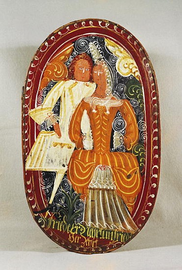 Marzipan box depicting a man and woman, c.1660 (painted wood) a Scuola Tedesca