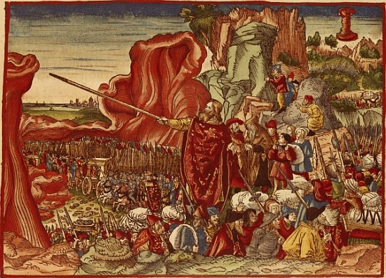 Moses parting the Red Sea, image from the Luther Bible (hand coloured print) a Scuola Tedesca
