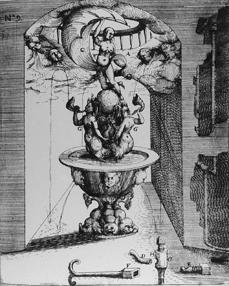 Ornamental fountain, from 'Architectura Curiosa Nova, by Georg Andreas Bockler (1617-85) a Scuola Tedesca