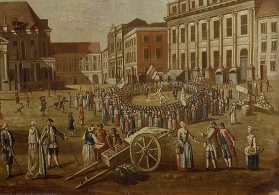 Street performers in the Alter Markt, 1771 (detail from 330438) a Scuola Tedesca