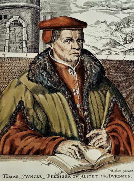 Thomas Muntzer, c.1600 (hand coloured woodcut) a Scuola Tedesca