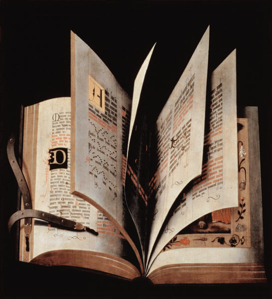 Trompe l'oeil of an open manuscript a Scuola Tedesca