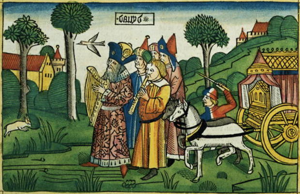 2 Samuel 6 1-5 David brings the Ark to Jerusalem (coloured woodcut) a German School, (15th century)