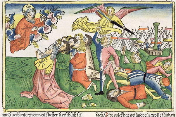 Exodus 32 15-23 Moses breaking the stone tablets (coloured woodcut) a German School, (15th century)