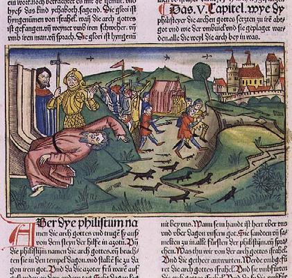 I Samuel 5:1-11 The Philistines seize the Ark and are struck by the plague (coloured woodcut) a German School, (15th century)