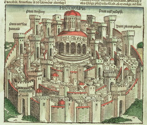 View of the walled city of Jerusalem showing the Temple of Solomon and the city gates, from the Nure a German School, (15th century)