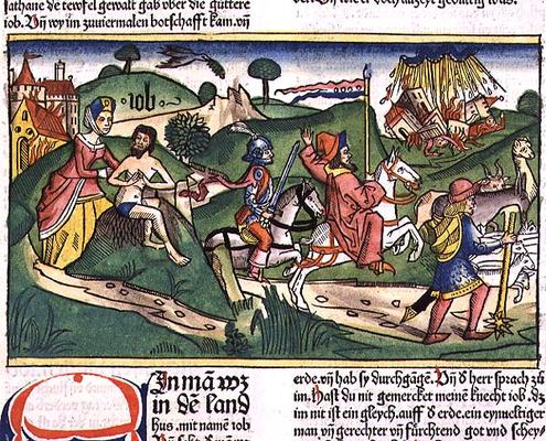 Facsimile copy of Job: Frontispiece, Job being scolded by his wife, his house and family destroyed b a German School, (15th century) (after)