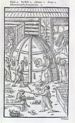 Glassworks, illustration showing the marble furnace and glass blowers (woodcut) a German School, (17th century)