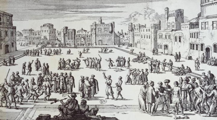 Slave Market in Algiers (engraving) a German School, (17th century)
