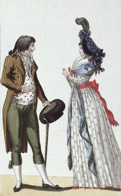 Fashionable couple of the Directoire period (1795-99) (colour engraving) a German School, (18th century)