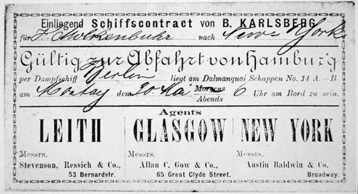 A German immigrant ship's contract & boarding card for New York, issued in Hamburg, 1881 (litho) a German School, (19th century)