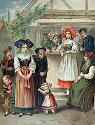 Traditional costumes of the Strasbourg region, c. 1870-80 (colour litho) a German School, (19th century)