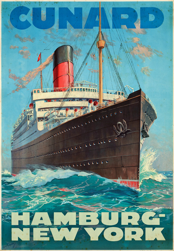 Poster advertising travel between Hamburg and New York with the shipping company Cunard a German School, (20th century)