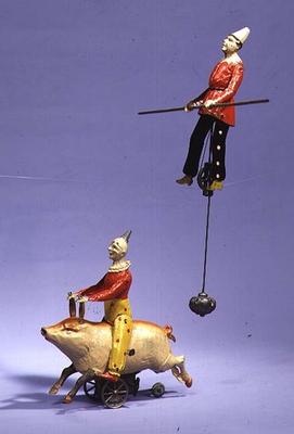 Clown on mechanical pig and tightrope walker, c.1900 a German School, (20th century)